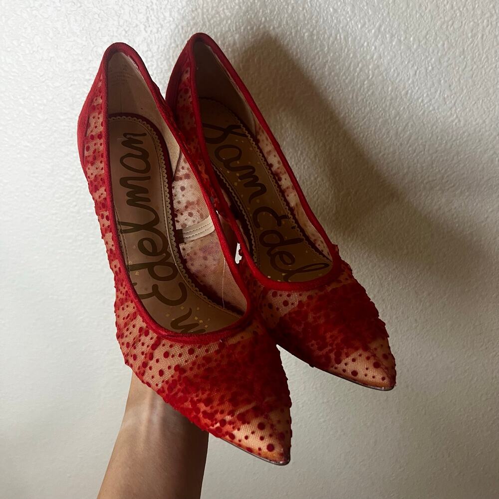 Sam Edelman hazel Passion Red Velvet Dot Tulle Stilleto Pumps Heels WOMENS 10 - Picture 2 of 7